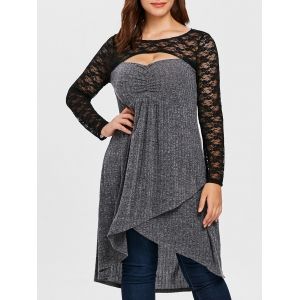 

Plus Size Lace Insert Cut Out Asymmetrical T-shirt, Smokey gray