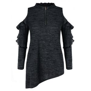 

Half Zip Plus Size Ruffle Trim T-shirt, Dark gray