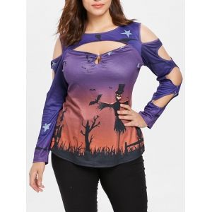 

Halloween Print Plus Size Cut Out T-shirt, Purple