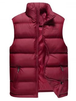 Stand Collar Zip Up Cotton-Padded Vest - RED WINE - XS
