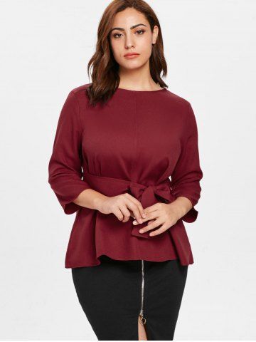 

Self Tie Plus Size Round Neck Blouse, Red wine