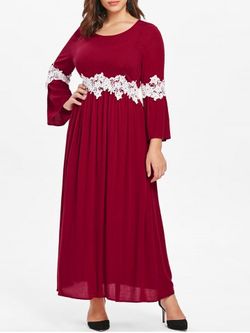 Plus Size Contrast Lace Insert Long Dress - RED WINE - L