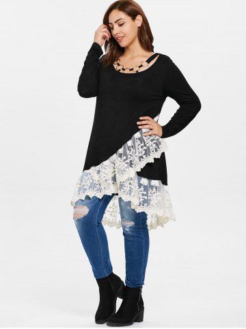 

Plus Size Lace Panel Layered T-shirt, Black