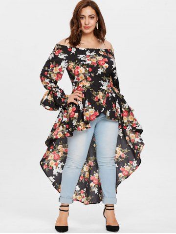

Plus Size Off Shoulder Floral High Low Long Blouse, Black