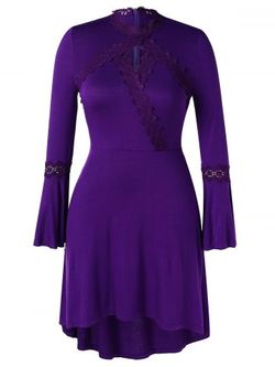Plus Size Asymmetric Lace Spliced Bell Sleeves Dress - PURPLE - 1X