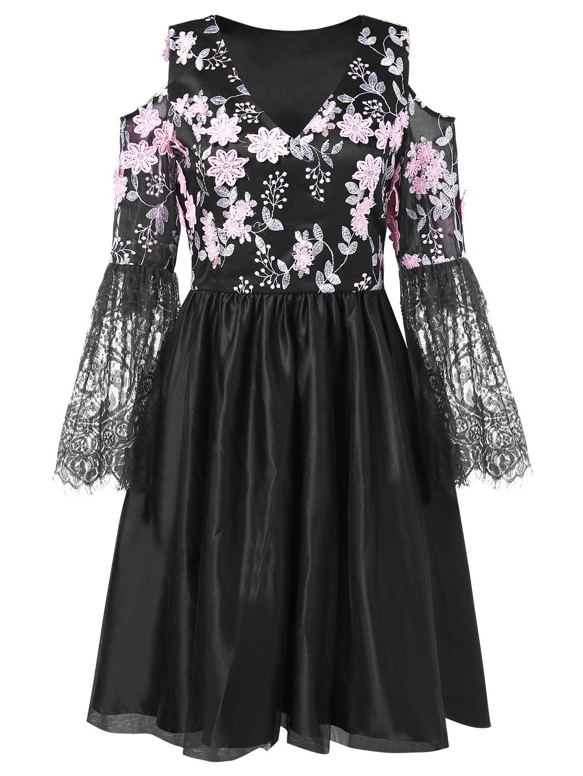 

Lace Panel Floral Embroidered Cold Shoulder Dress, Black
