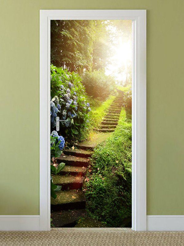 

Forest Stairs Print Door Cover Stickers, Green onion
