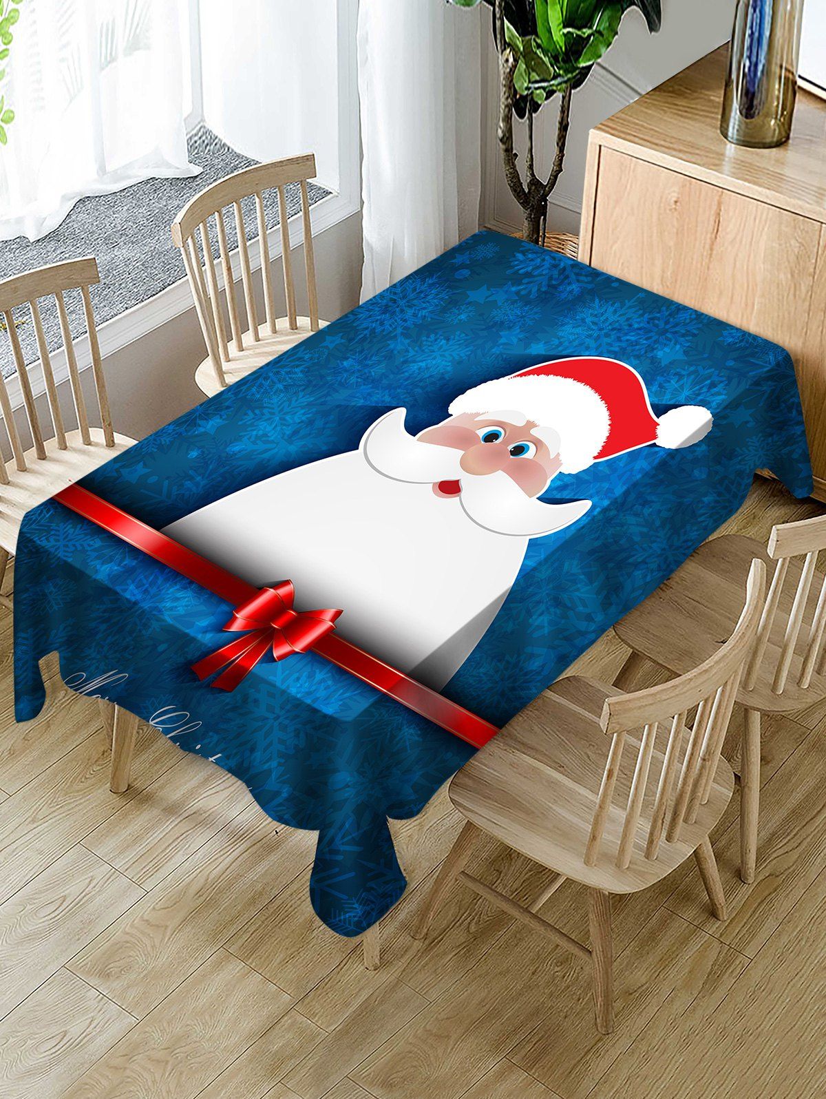 

Christmas Santa Claus Print Fabric Waterproof Tablecloth, Blue