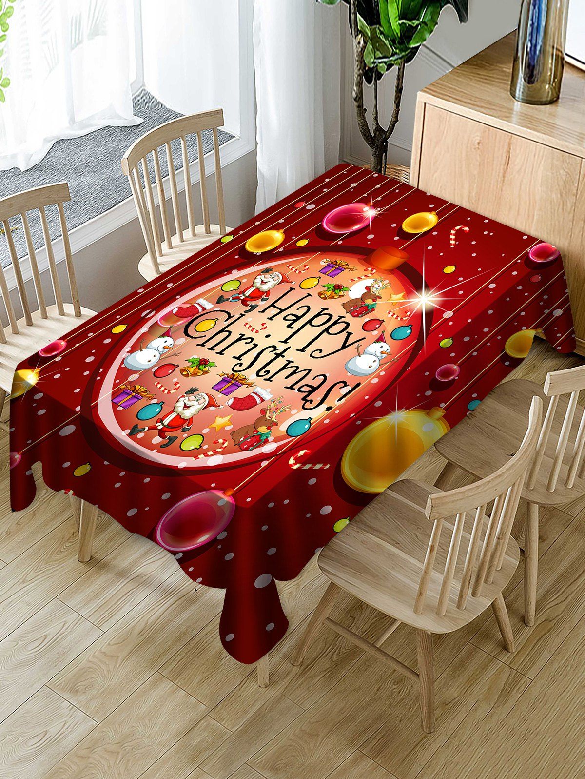 

Happy Christmas Print Fabric Waterproof Tablecloth, Multi