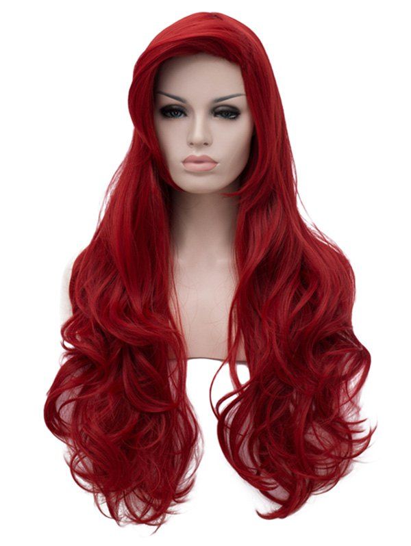 

Long Inclined Bang Wavy Synthetic Wig, Red wine