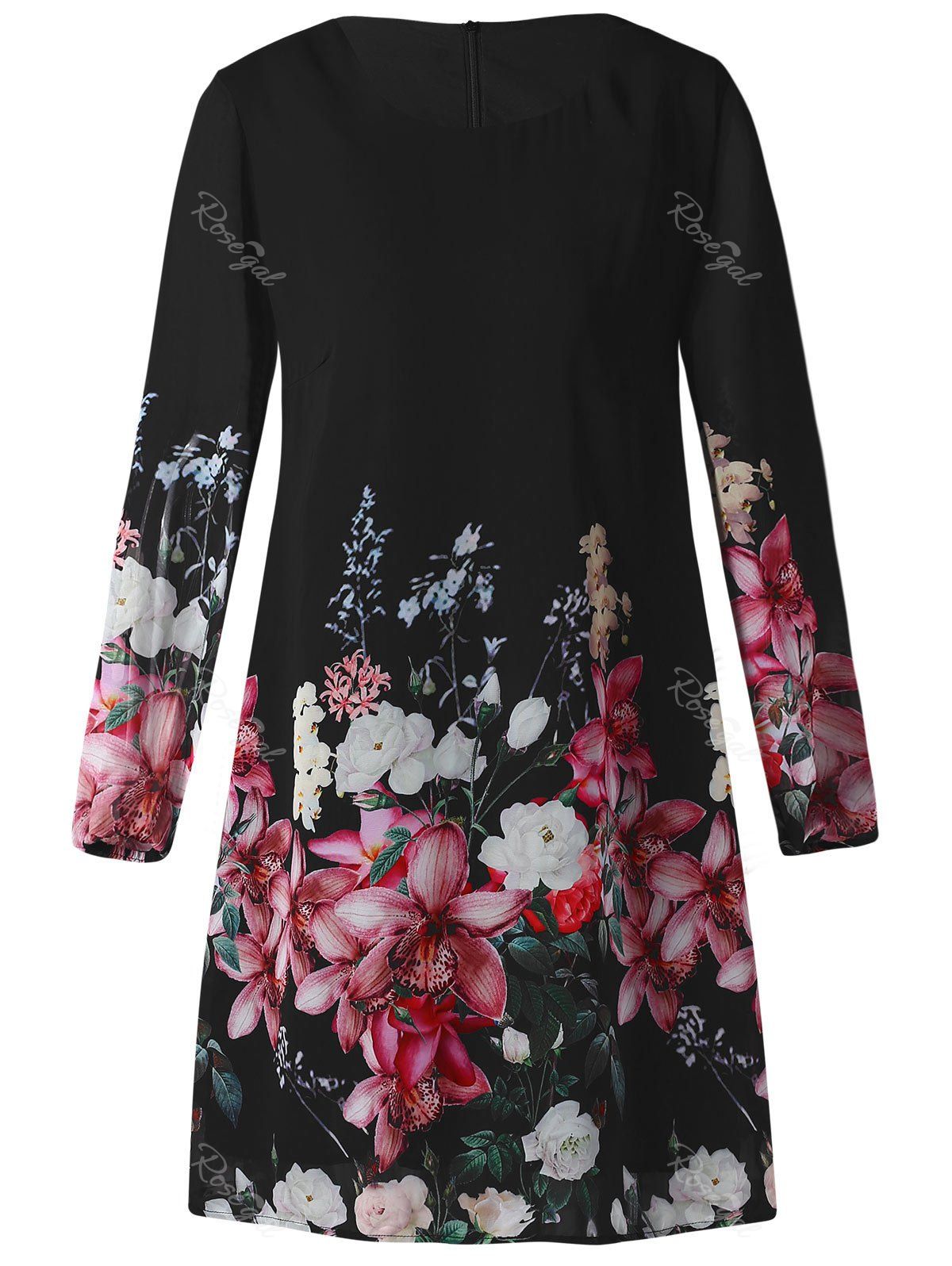 

Floral Print Plus Size Long Sleeve Shift Dress, Black