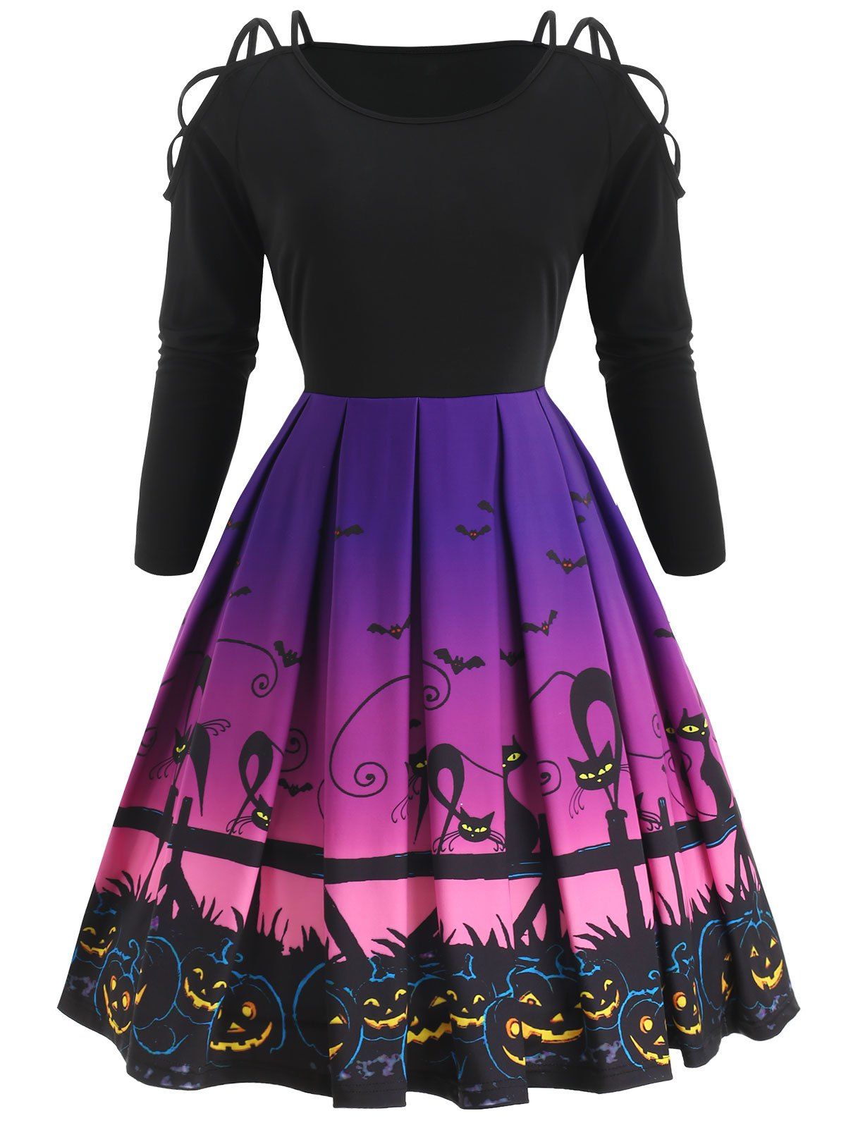 

Halloween Criss Cross Cat Print Vintage Dress, Black