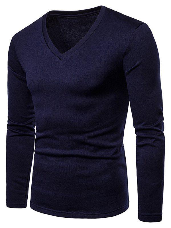 

V Neck Solid Color Fleece T-shirt, Cadetblue