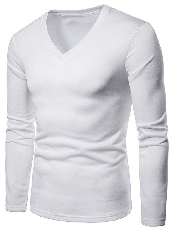 

V Neck Solid Color Fleece T-shirt, White