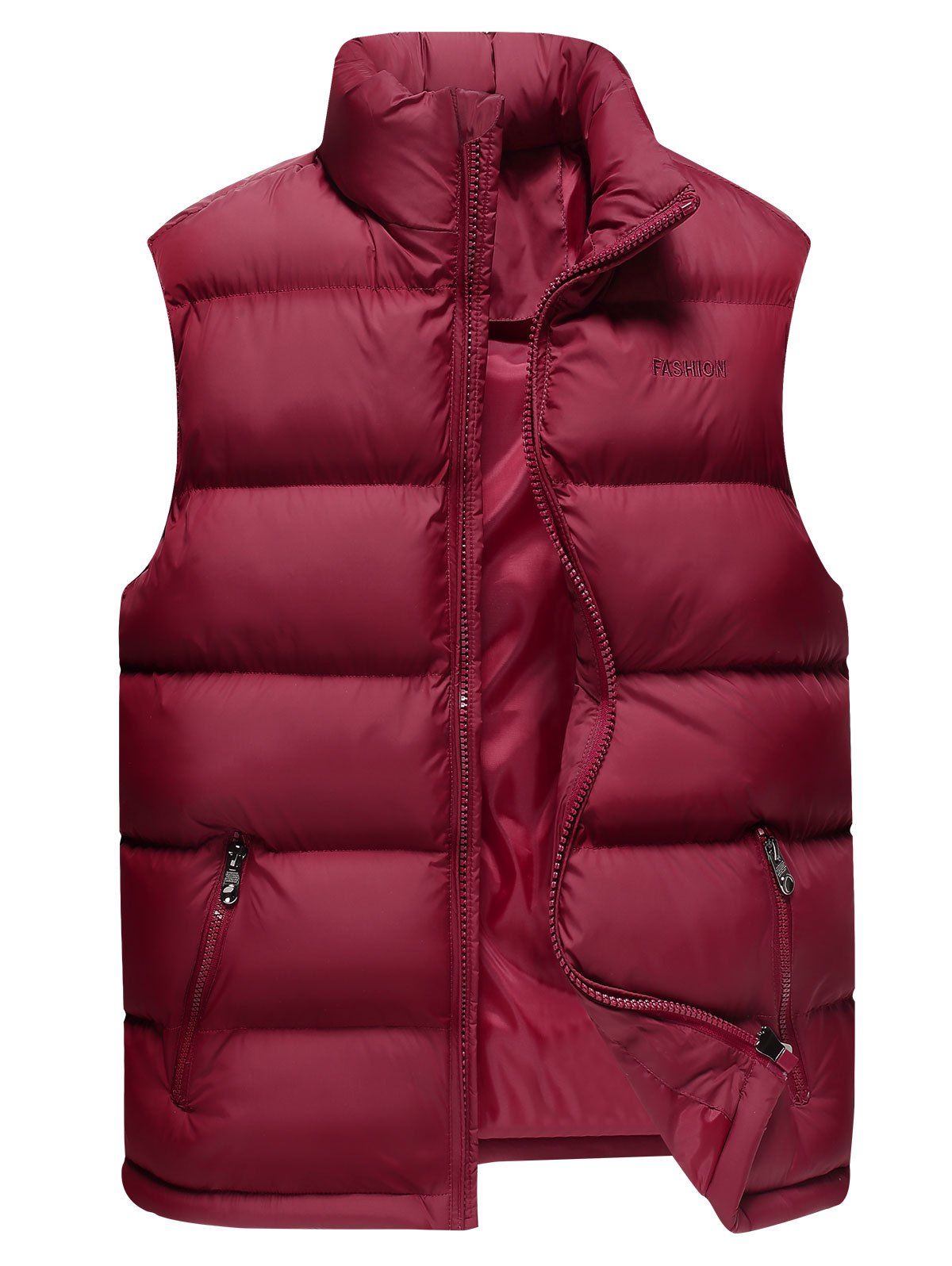 

Stand Collar Zip Up Cotton-Padded Vest, Red wine