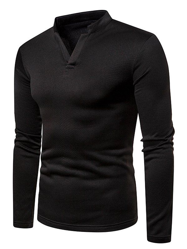 

Solid Color V Neck Fleece Long Sleeves T-shirt, Black