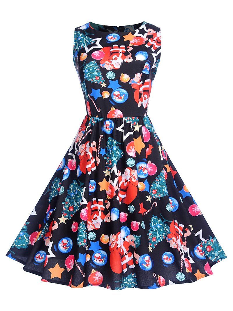 

Sleeveless Christmas Printed High Waist Dress, Black