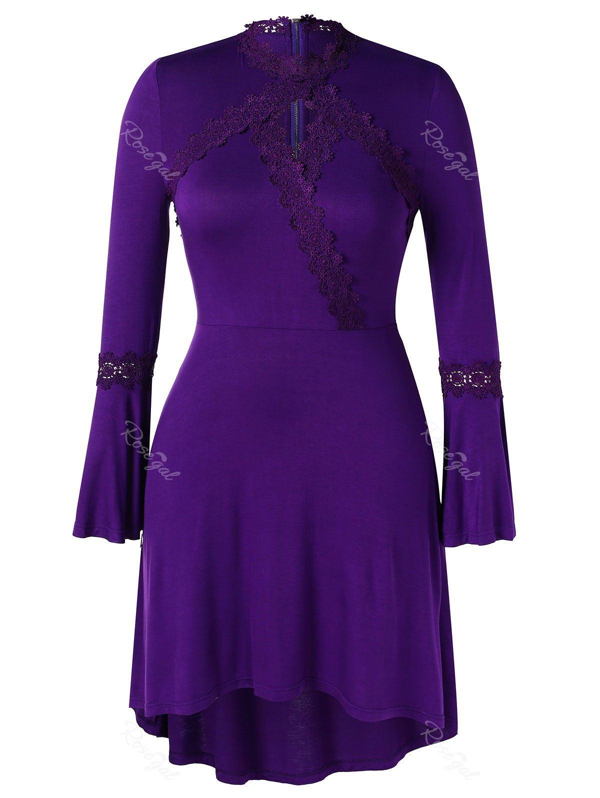 

Plus Size Asymmetric Lace Spliced Bell Sleeves Dress, Purple