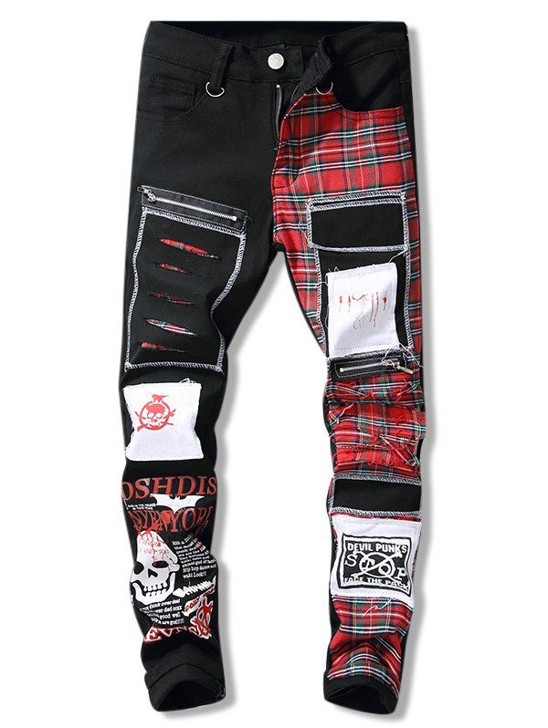 

Patch Embellish Skull Printed Striaght Leg Jeans, Black