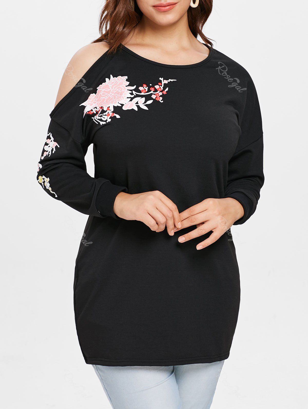 

Cut Out Sleeve Plus Size Floral Print T-shirt, Black