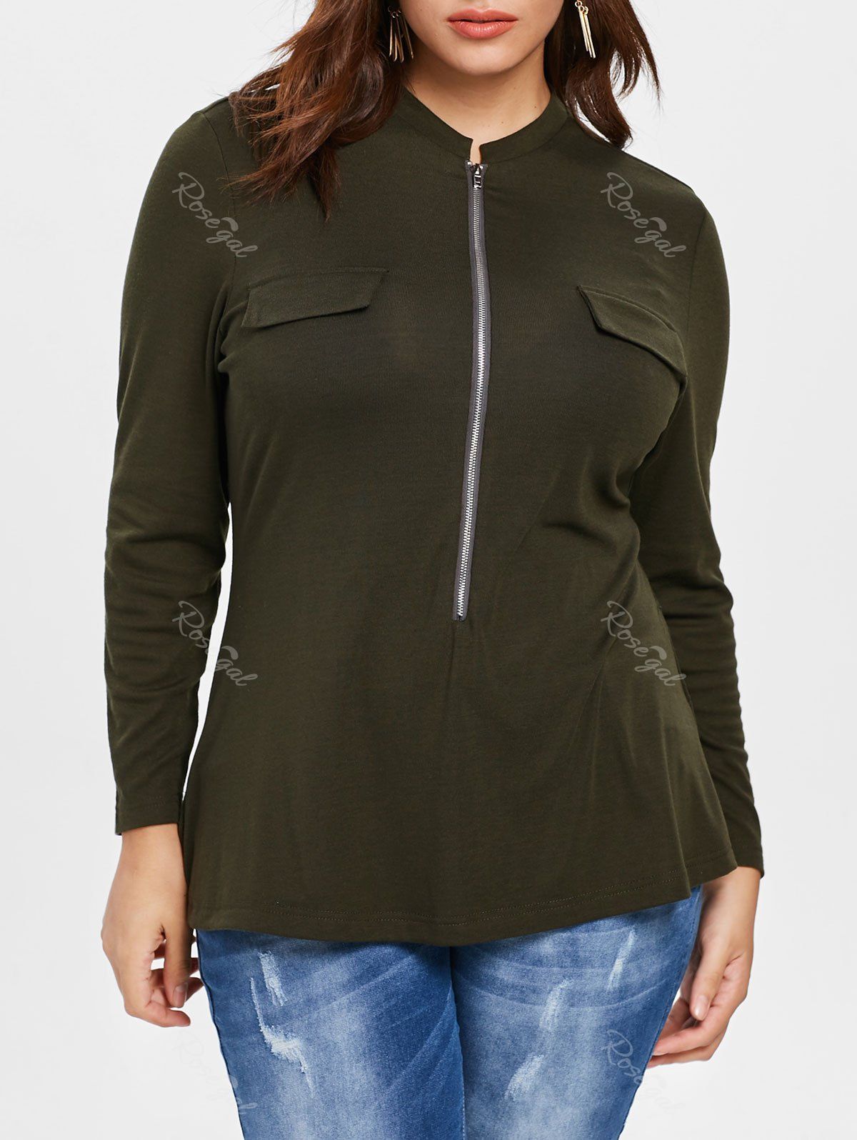 

Plus Size Long Sleeve Zipper T-shirt, Army green