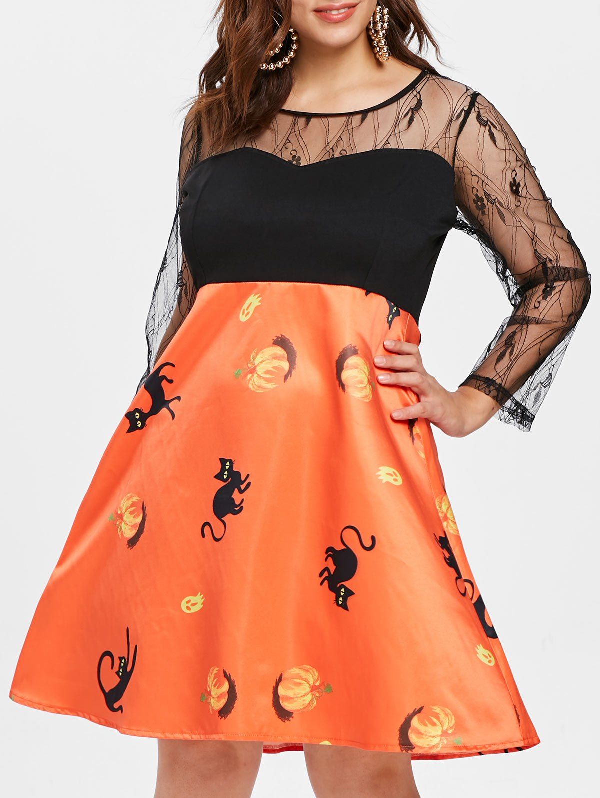 

Plus Size Lace Panel Halloween Dress, Pumpkin orange