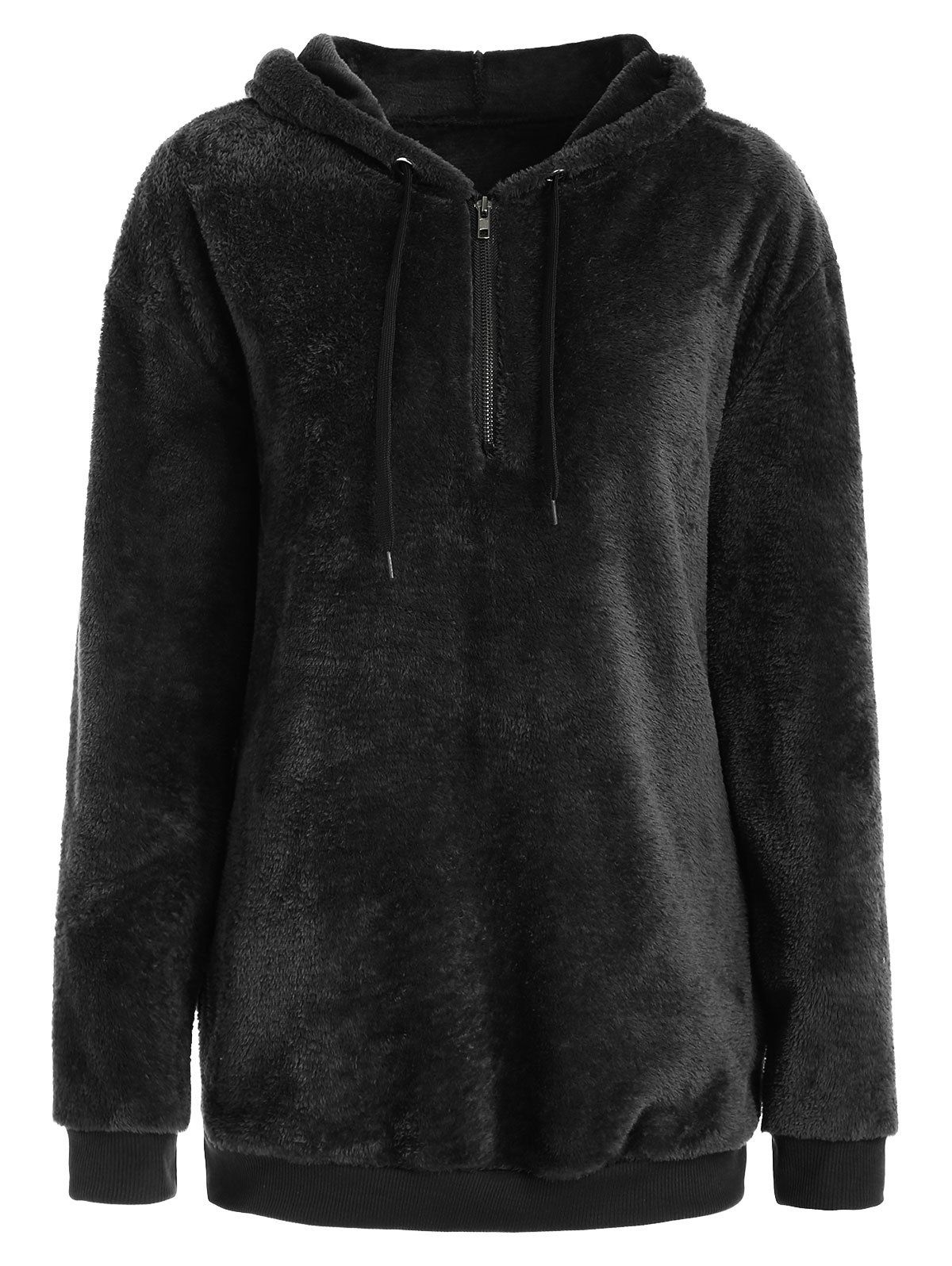 

Half Zipper Fluffy Hoodie with Pockets, Black