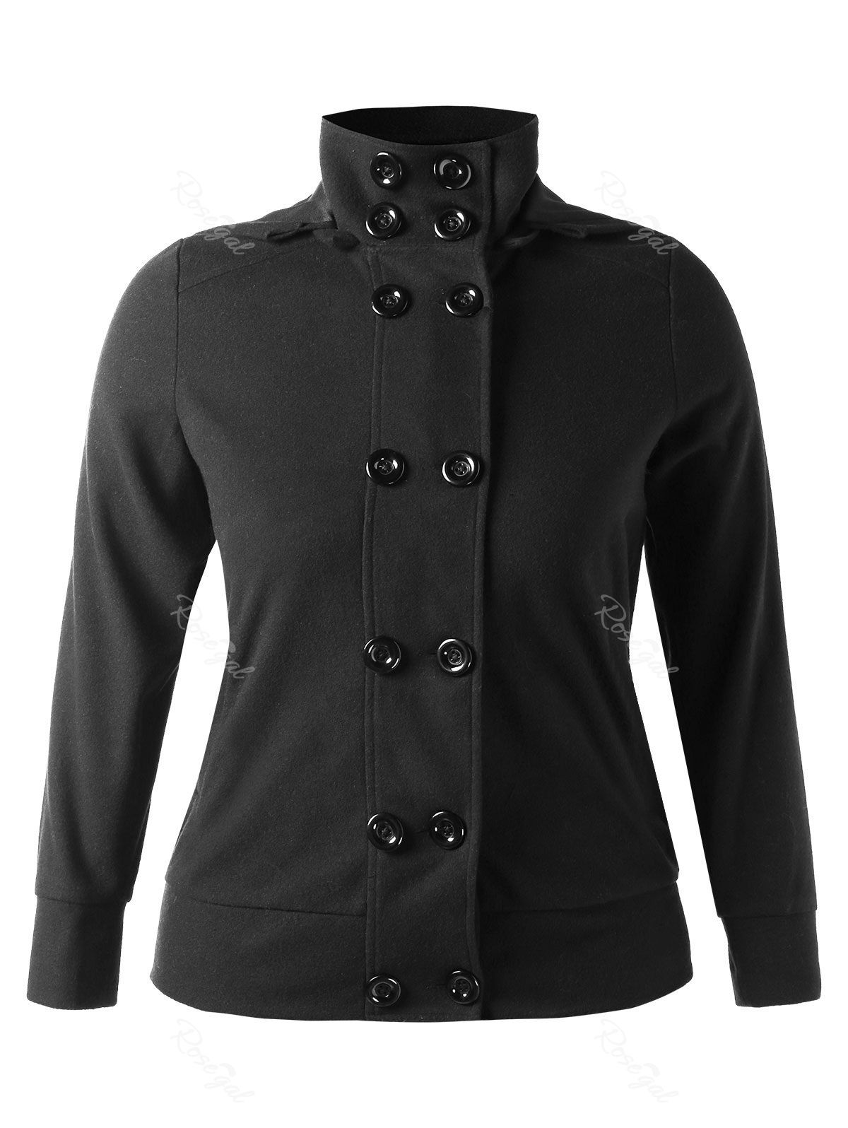 Plus Size Double Breasted Hooded Jacket, Black