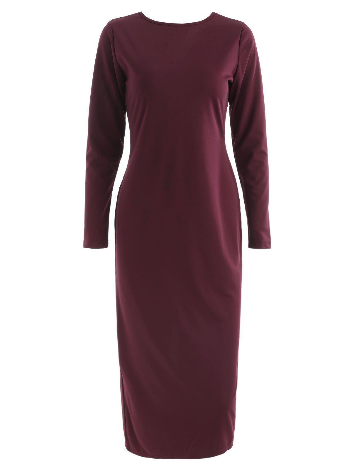

Full Sleeve Zipper Back Bodycon Dress, Red wine