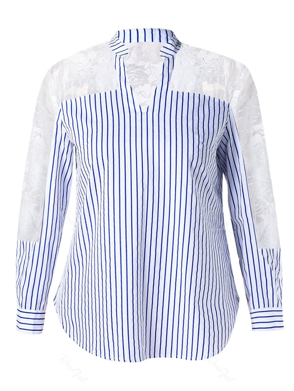 

Sheer Lace Inset Striped Plus Size Shirt, Light blue