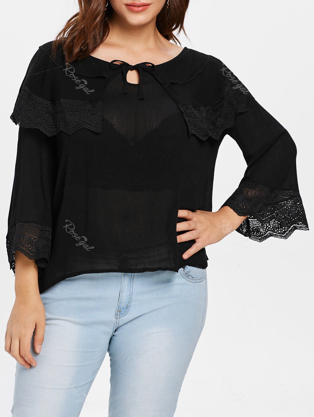 

Lace Panel Plus Size Eyelet Blouse, Black