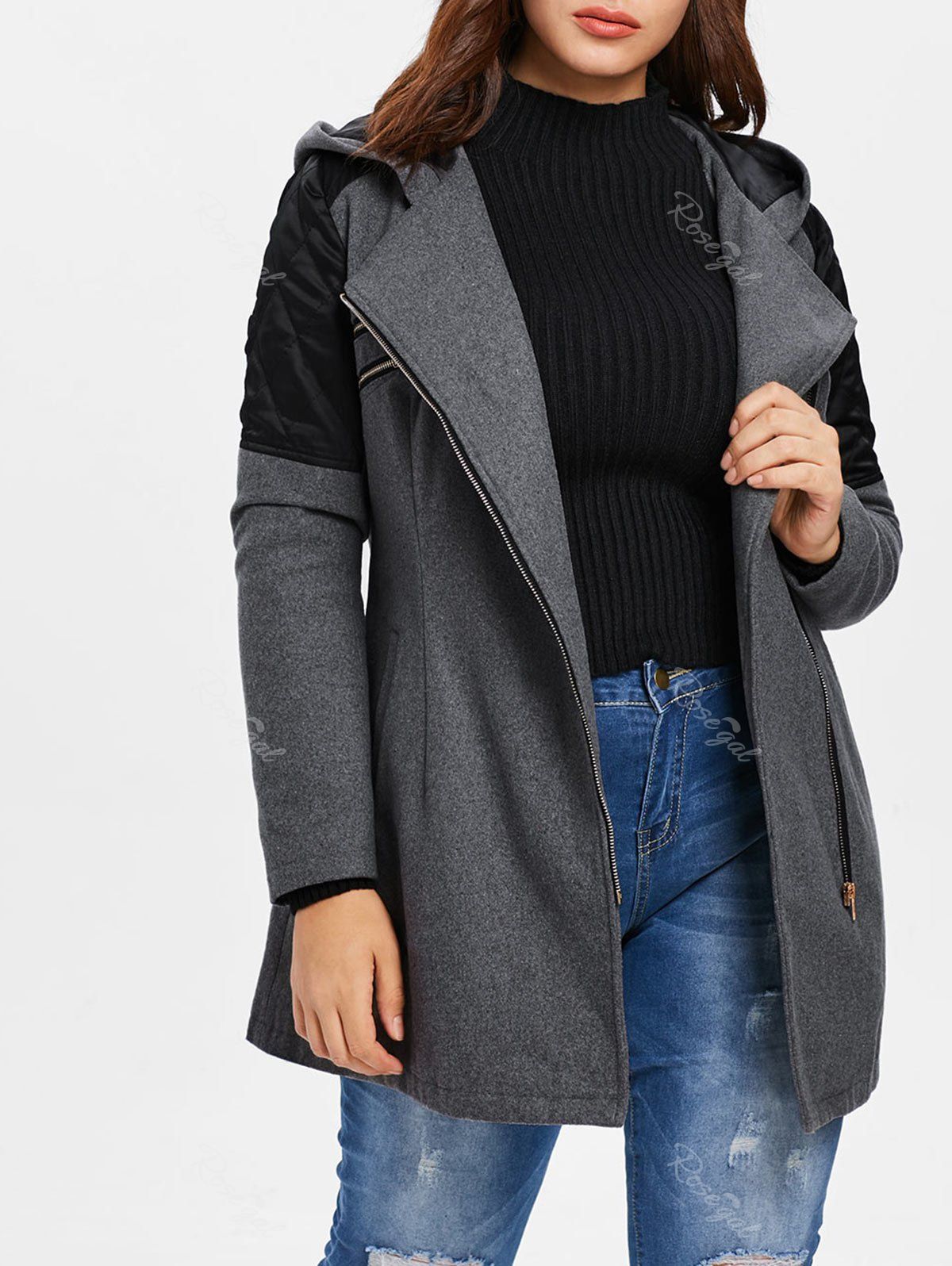 Plus Size Contrast Zippered Woollen Coat, Gray