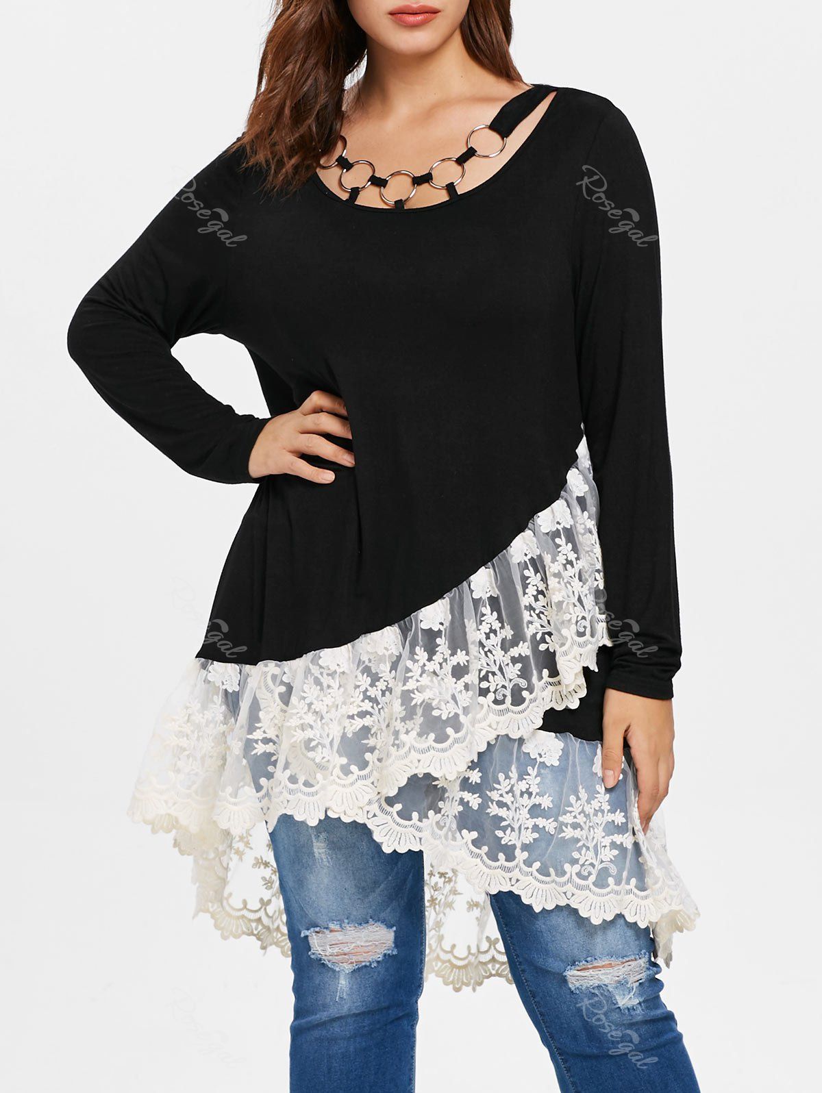 

Plus Size Lace Panel Layered T-shirt, Black