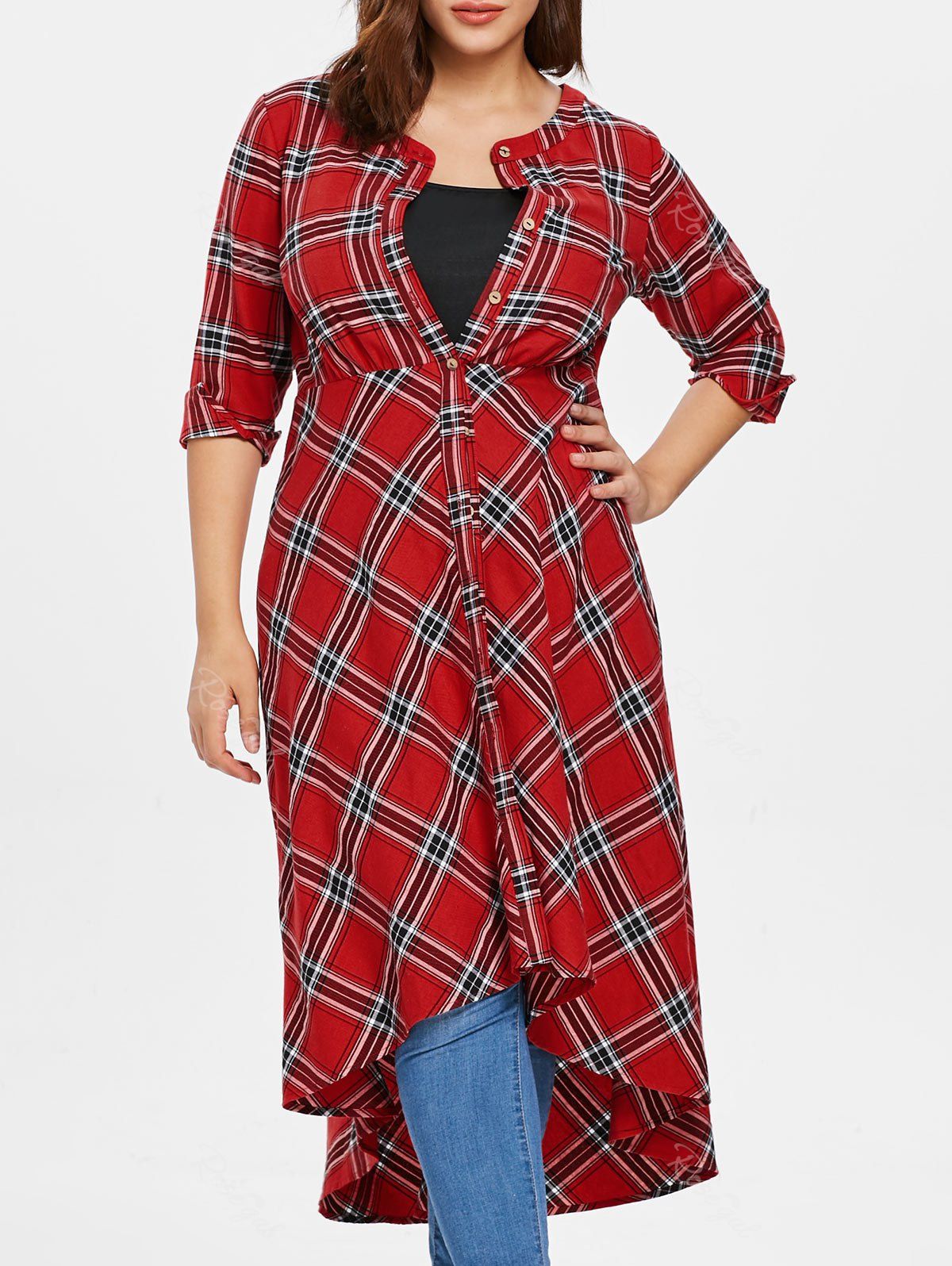 

Plus Size Plaid High Low Button Up Long Shirt, Multi