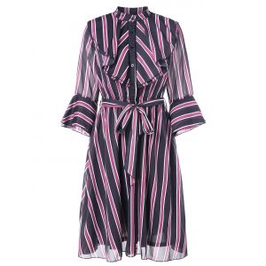 

Vertical Stripe Flounce Trim Dress, Black