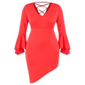 

Plus Size V Neck Backless Lace Up Flare Sleeves Asymmetric Sheath Dress, Love red