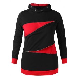 

Color Block Plus Size Zip Embellished Hoodie, Black