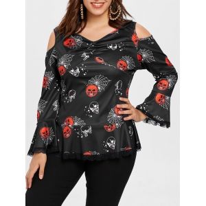 

Lace Hem Plus Size V Neck Printed Halloween T-shirt, Black