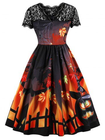 

Lace Panel Halloween Printed A Line Dress, Black