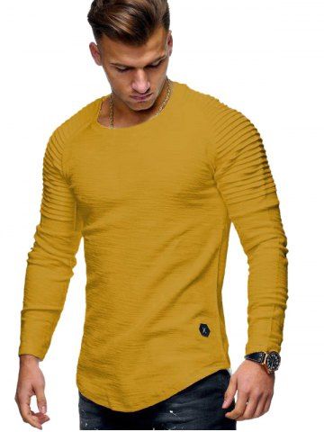 Solid Color Patch Detail Pleated Long Sleeve Tee
