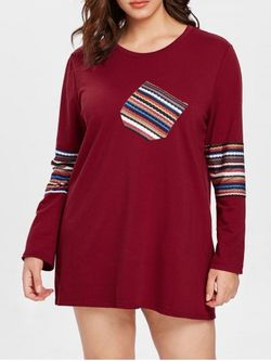 Rainbow Striped Plus Size Pockets Detail T-shirt Dress - RED - L