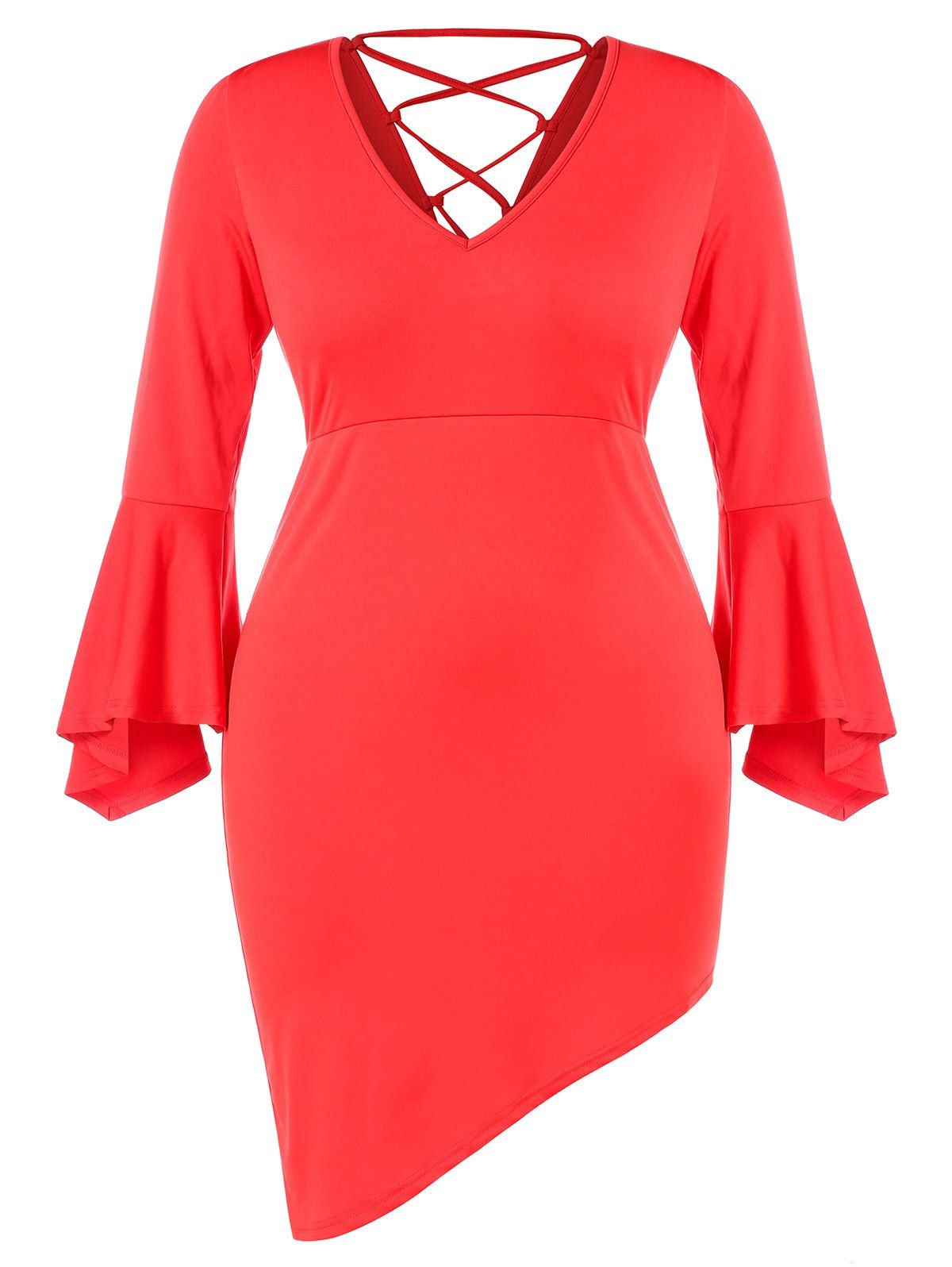 Plus Size V Neck Backless Lace Up Flare Sleeves Asymmetric Sheath Dress [44% OFF] | Rosegal