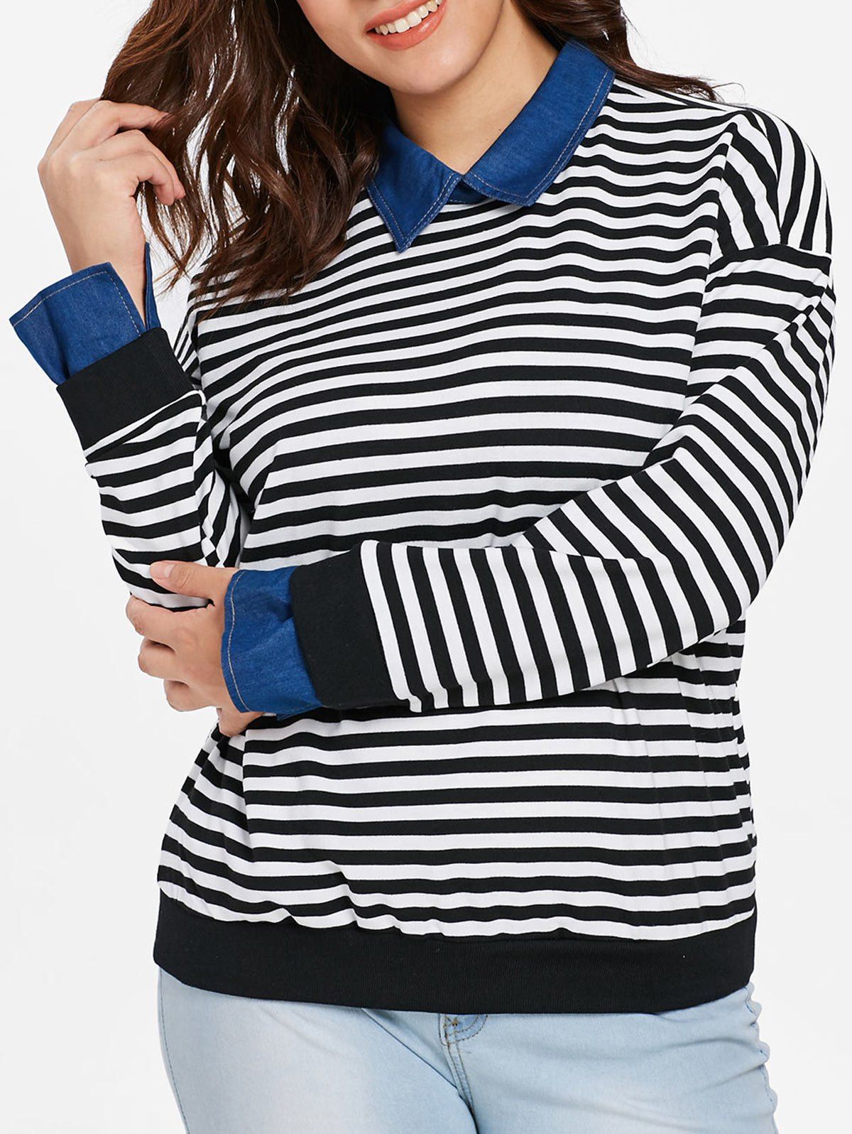 

Plus Size Striped Faux Two Piece Sweater, Black