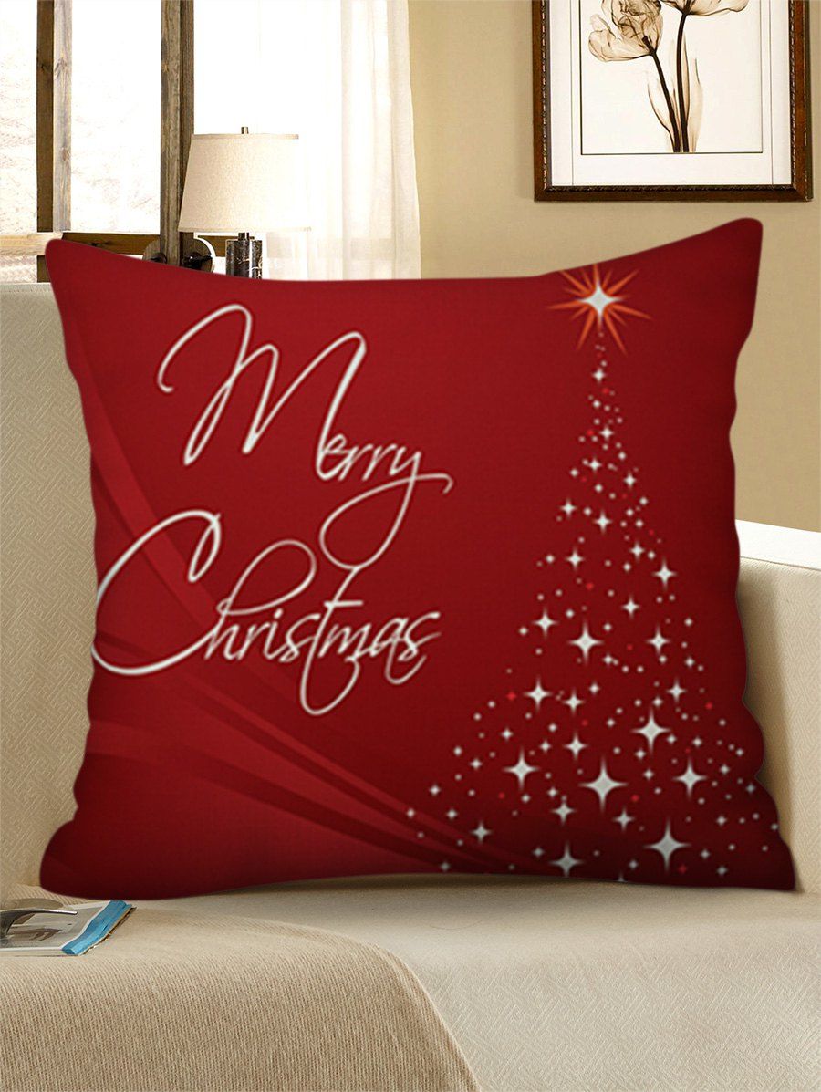 

Merry Christmas Tree Print Linen Pillowcase, Red wine