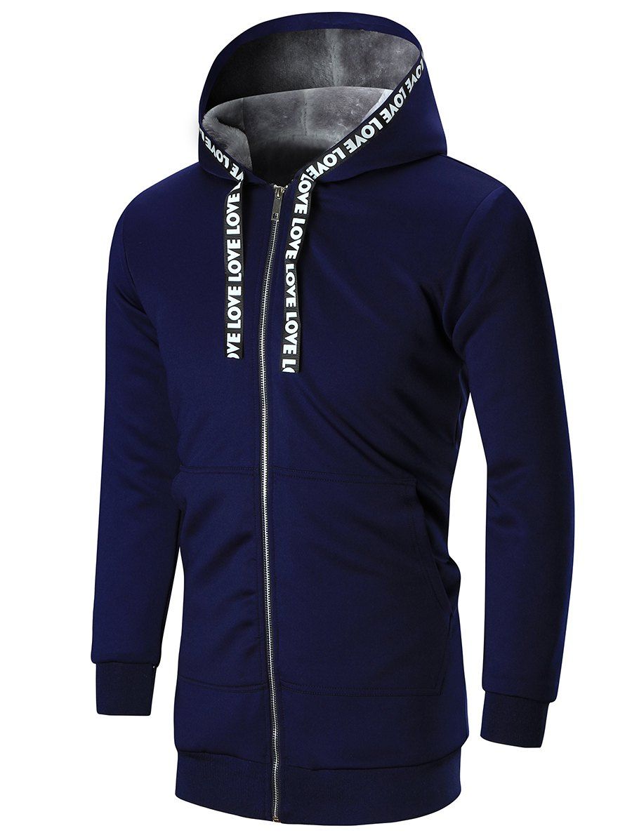 

Hooded Letter Ribbon Zip Up Flocking Coat, Deep blue