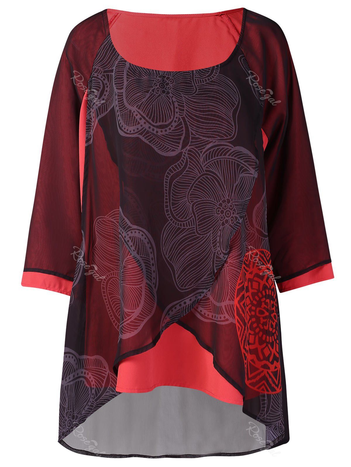 

Front Slit Plus Size Floral Print Blosue, Red