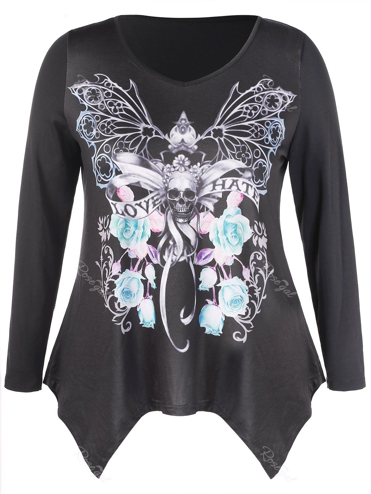 

Plus Size Halloween Skull Asymmetrical T-shirt, Black