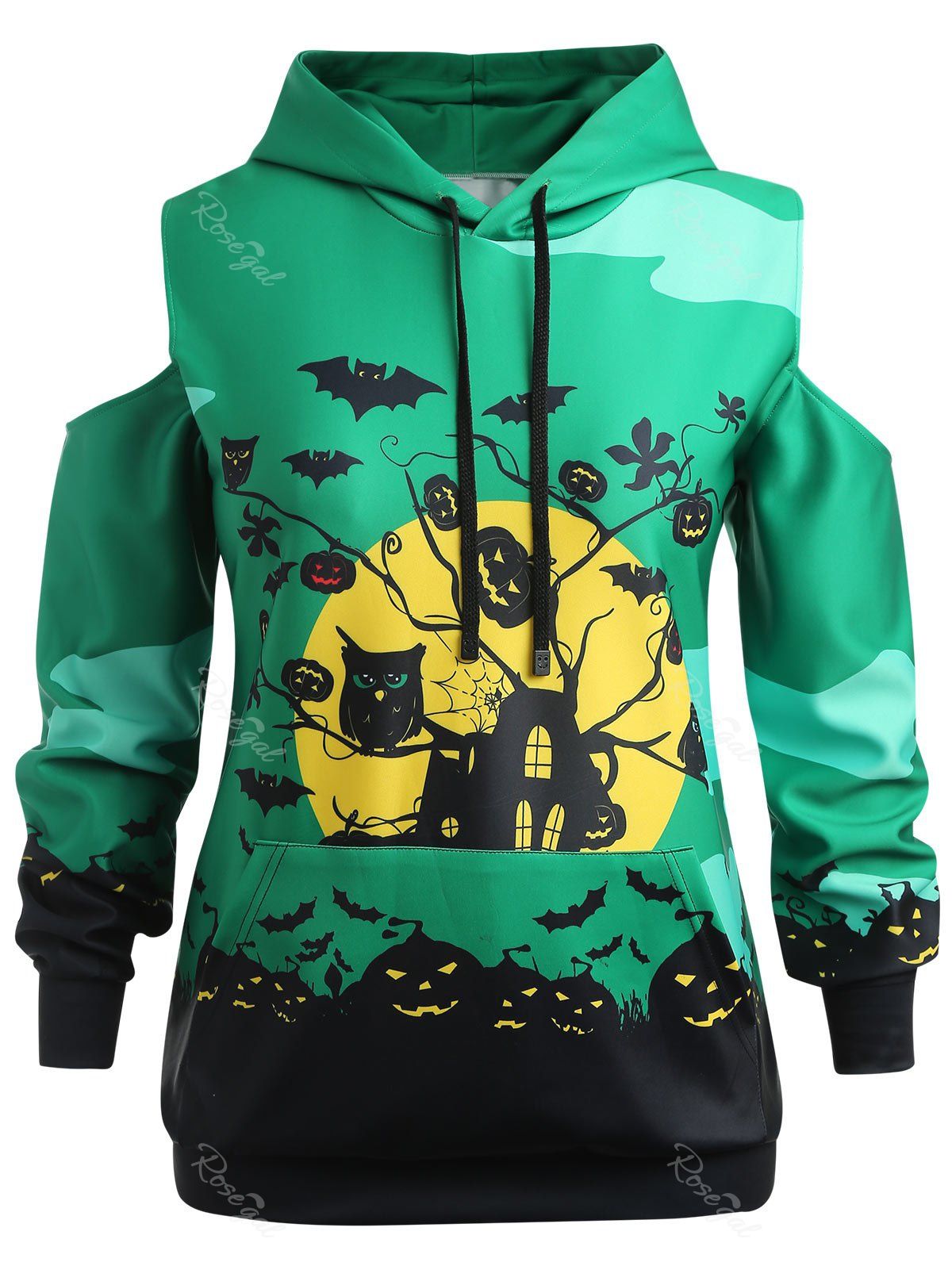 

Plus Size Halloween Cold Shoulder Hoodie, Clover green