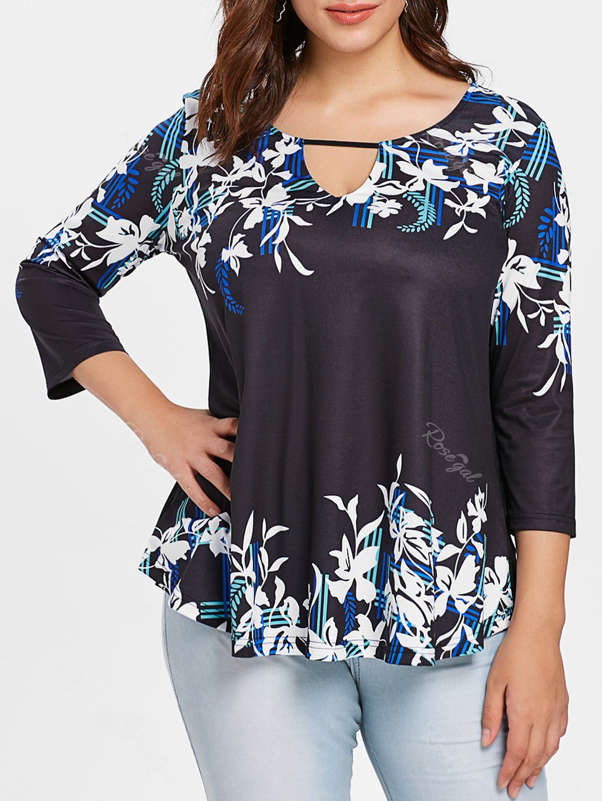 

Keyhole Neck Plus Size Floral Print T-shirt, Black