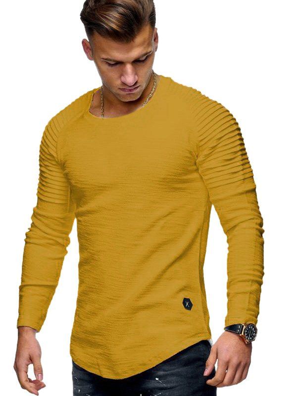 

Solid Color Patch Detail Pleated Long Sleeve Tee, Yellow